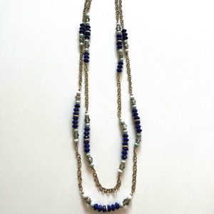 White House Black Market Blue and Gold Chain Beaded Long Statement Necklace